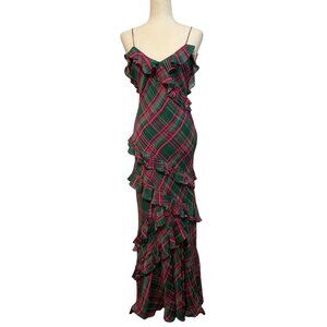 LoveShackFancy Women’s Rialto Silk Plaid Ruffle Maxi Dress Sz 0